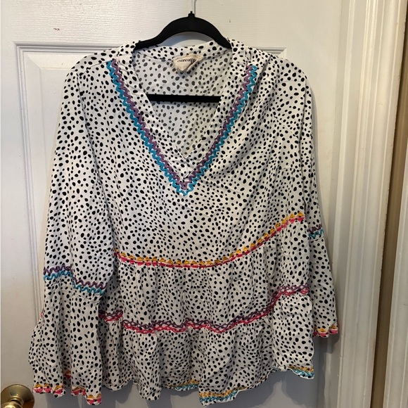Flowy Polka Dot Blouse with Colorful‎ Trim - Picture 1 of 3